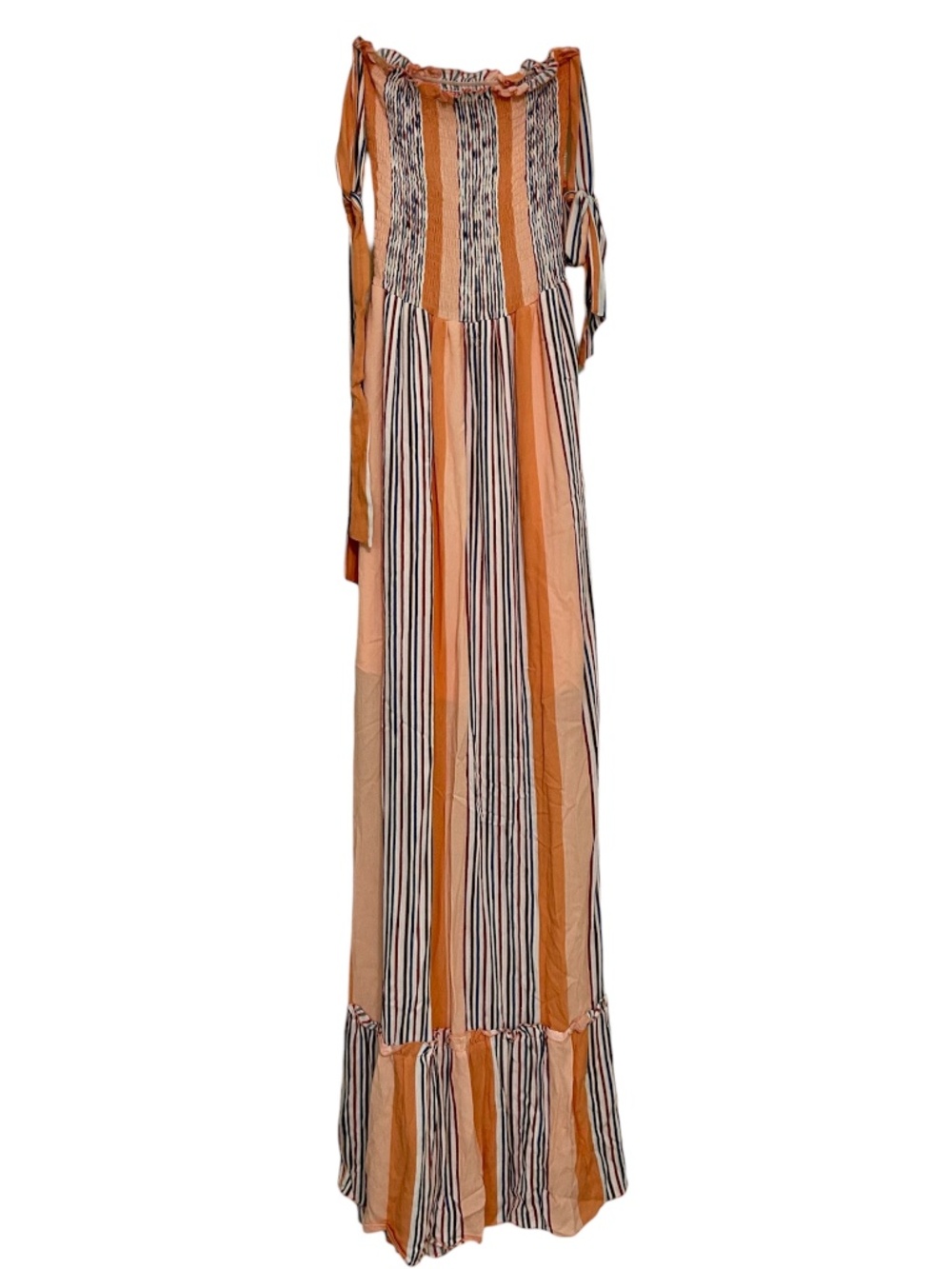 Altar'd State Orange Stripe Maxi Dress Gauzy Smocked Tie Shoulders Ruffle Small - Picture 2 of 12